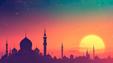 Wall Mural - Illustration Ramadan Kareem background with mosque at sunset, ai generative