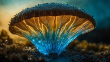 A Close Up Of A Mushroom With Water Droplets On It, A Microscopic Photo, Naturalism, Bioluminescence, Macro Photography, Luminescence