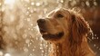 Golden retriever shaking off water, with sunlit droplets in motion, capturing the essence of joy and refreshment
