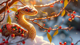 Happy Chinese New Year 2025, snake on the background of Christmas snow, zodiac sign according to the Chinese horoscope