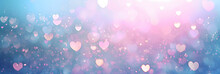 Blue And Pink Glitter Vintage Lights Background. Defocused. Hearts Overlay