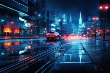 Wall Mural - Nighttime cityscape with neon lights and reflections on wet asphalt.