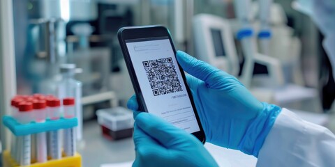 Scientists hands holding mobile phone with QR code on screen