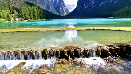 Poster - Most beautiful and scenic lakes of northern Italy. Lago di Dobbiaco in Val Pusteria, South Tyrol. Trentino-Alto Adige 4k HD video
