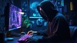 Anonymous man in a black hoodie and neon mask hacking generative ai