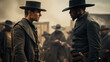 Cowboys showdown like in western movie, conflict of two men wearing hats and vintage clothes. Concept of bandit, wild west, outlaw, fight, vs, people, shootout and character
