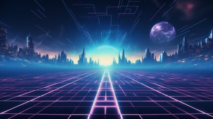 Wall Mural - 80s Retro Sci-Fi Background, Universe Retro Futuristic 80's Background. Retro wave cyber grid. Deep space surfaces. Neon lights glowing..