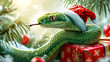 Happy Chinese New Year 2025, a snake in a Santa Claus hat surrounded by gifts and a Christmas tree, a zodiac sign according to the Chinese horoscope
