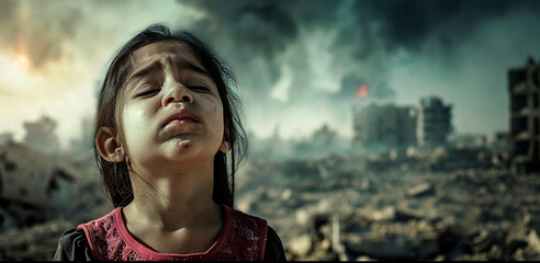 Wall Mural - A little brunette girl of oriental appearance with dark hair is crying, behind her back is a war-torn city.