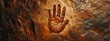Handprint painted on the rock by prehistoric caveman artist, human hand positive image print outline centered mural painting, ancient fresco wallpaper, stop sign