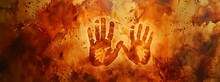 Fire Paint With Two Hand Prints Background, Cavemen Art On The Rock, Orange And Yellow Stone Handprints Painting, Old Hands Vestiges Of A Man And A Woman Or An Adult And A Child, Painting On Glass 