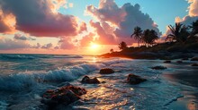 Beautiful Sunrise On The White Sand Beach With Palm Trees Like Caribbean Or Sri Lanka.