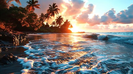 Wall Mural - Beautiful sunrise on the white sand beach with palm trees like Caribbean or Sri Lanka.