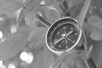 black and white photo of round compass