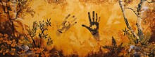 Mural Stone Painting With Two Handprints On Yellow Background, Nature, Rock, Plants, Grass, Trees And Wildlife Vegetation In Autumn Colors, Orange, Brown Landscape With Black Hands And Paint Stains