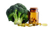 broccoli next to pills and pill bottle, transparent background