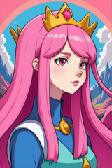 a girl with pink hair wearing a crown and a necklace with a gold chain