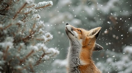 Sticker - a close up of a fox in the snow near a tree