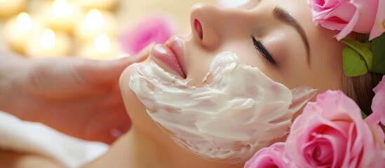 Poster - Herbal cream moisturizes face during female facial spa treatment.