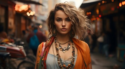 A young woman in the city center with accessories