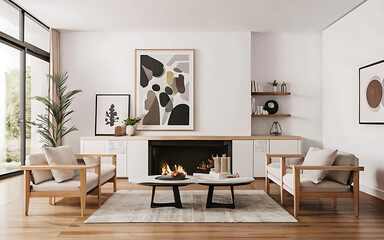Wall Mural - Two white sofas near fireplace against white wall with wooden cabinet and art poster. Scandinavian minimalist style home interior design of modern living room. Created with generative AI