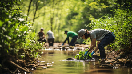 A group of workers in a river cleaning the stream