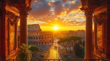 Landscape Scene Of Colosseum At The Sunset Time, View From Inside Decorate Home Apartment, Window And Balcony View, Holiday And Tourist Concept ,generative Ai