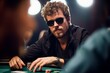 A confident poker player with sunglasses at a casino table, concentrating on the game with chips and cards in hand.
