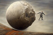 Business, states of mind, metaphors concept. Work of Sisyphus theme of man rolling round rock or stone to hill. Surreal abstract and minimalist colorful illustration with copy space