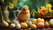 A little chicken stands on the table, there are eggs and daffodils around, Easter content, illustration (generated using artificial intelligence).