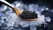 Black fish caviar served in the caviar spoon on ice on a black background. Neural network AI generated art