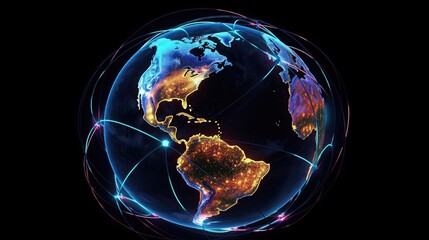 Wall Mural - connection lines glow light around the earth's surface, future technology background with circles an