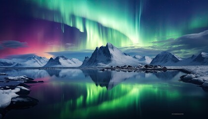 view of night sky with multicolored aurora borealis and snowy mountains peak background. night glows
