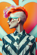 Urban Chic in Color: A pop art fashion photo, profile of a trendy girl with short haircut and sunglasses on heart shaped background.