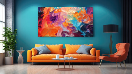 Wall Mural - Photo of interior background with colorful armchairs and big table on blue wall