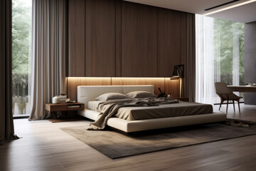 Photo of linen color minimal bedroom interior design with modern bed and decoration