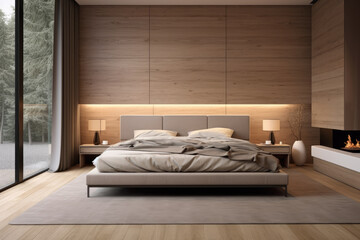 Wall Mural - Photo of modern minimal bedroom interior with bed and decoration in brown tones
