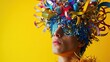 Abstract festive explosion: a captivating male model in a carnival costume made from mirrors, disco balls, and paper ribbons.