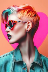 Wall Mural - Urban Chic in Color: A pop art fashion photo, profile of a trendy girl with short haircut and sunglasses on heart shaped background.