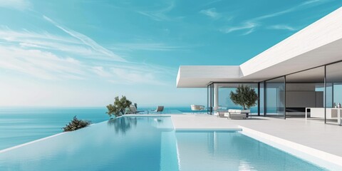 Wall Mural - White minimalistic villa with swimming pool on the background of a blue sky