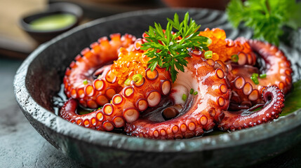 Wall Mural - octopus in a plate with red caviar