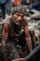 Wall Mural - Photograph of a dirty working worker sitting down