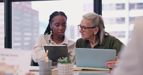 Meeting, technology and business woman with mentor in office boardroom for planning or collaboration. Teamwork, tablet and laptop with employee talking to manager for strategy, growth or development
