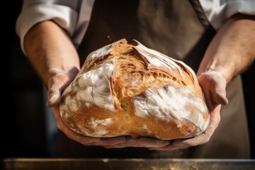 Wall Mural - Experienced baker holding dark warm bread bakery fresh homemade wheat cake professional man kitchen work rustic business cafe coffee shop store owner tasty baked goods flour grain secret ingredient