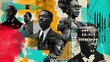 A visually striking collage featuring prominent figures in Black history, including activists, artists, scientists, and leaders.