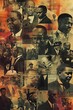 A visually striking collage featuring prominent figures in Black history, including activists, artists, scientists, and leaders.