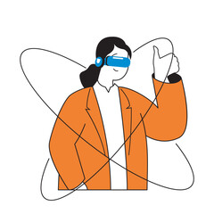 Aufkleber - Virtual reality concept with cartoon people in flat design for web. Woman in VR headset interacting with 360 degrees rotate around. Vector illustration for social media banner, marketing material.