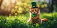 Cute Ginger Cat In Green Leprechaun Hat On Green Grass With Bokeh Background.  St. Patrick's Day Concept.