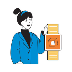 Aufkleber - Virtual reality concept with cartoon people in flat design for web. Woman holds smart gadget with cube modelling display on screen. Vector illustration for social media banner, marketing material.