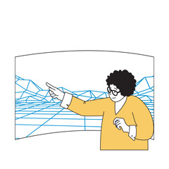 Aufkleber - Virtual reality concept with cartoon people in flat design for web. Woman working with line surface simulation in augmented space. Vector illustration for social media banner, marketing material.
